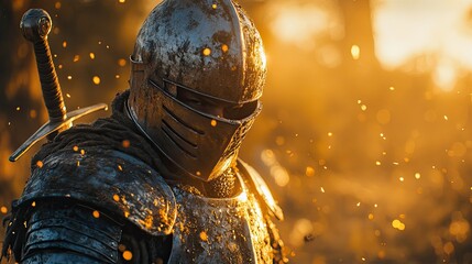 A fierce medieval knight in gleaming armor stares intensely against a golden sunset backdrop, capturing valor and bravery in battle.