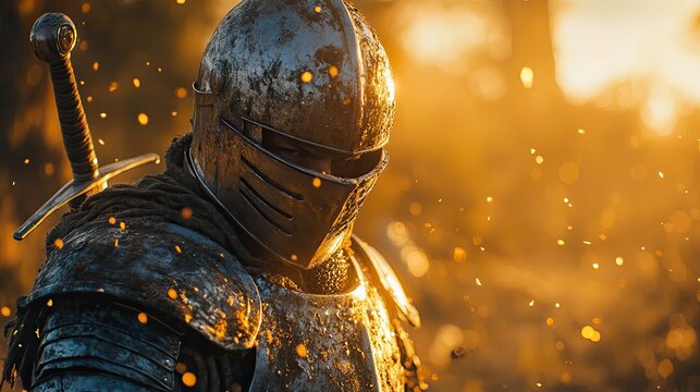 A fierce medieval knight in gleaming armor stares intensely against a golden sunset backdrop, capturing valor and bravery in battle.