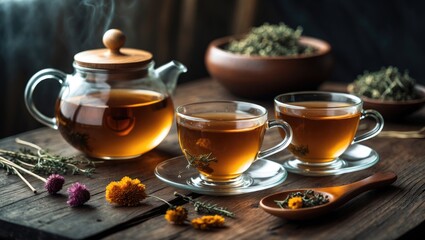 Fototapeta premium Herbal tea and herbs arranged on a wooden table