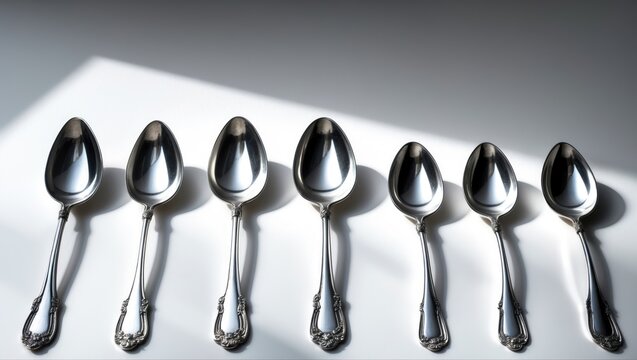 Elegant collection of stylish silver spoons on a white background