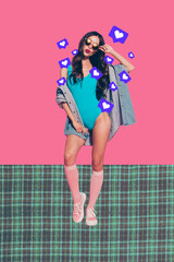 3d trendy vertical banner creative collage of happy girl guy receive like reaction popular blog concept valentine day donation