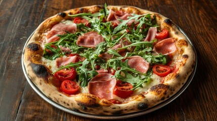 Flat Lay of Pizza with Ham, Tomatoes, and Arugula