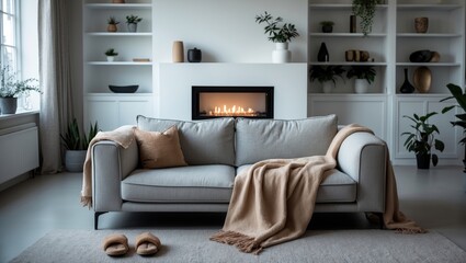 Obraz premium Living room interior featuring sofa, fireplace, and slippers on the carpet