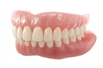 Fototapeta premium Detailed view of lower dental prosthesis showcasing natural appearance of gums and teeth on white background