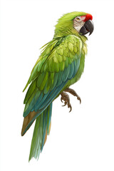 Green macaw parrot isolated on white – full body tropical bird photo