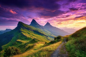 Fototapeta premium A lush green mountain range with sharp peaks is illuminated by a vibrant purple and orange sunset sky, with a trail leading into the distance.