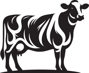 Stylized Dairy Cow Vector Silhouette in Black and White, Simplified Rural Farm Animal Design