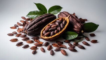 Isolated dried cocoa beans with pod on background