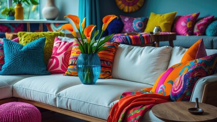 Bright and inviting living space with vivid cushions, a bold floral centerpiece, and fun decor accents on a contemporary sofa.