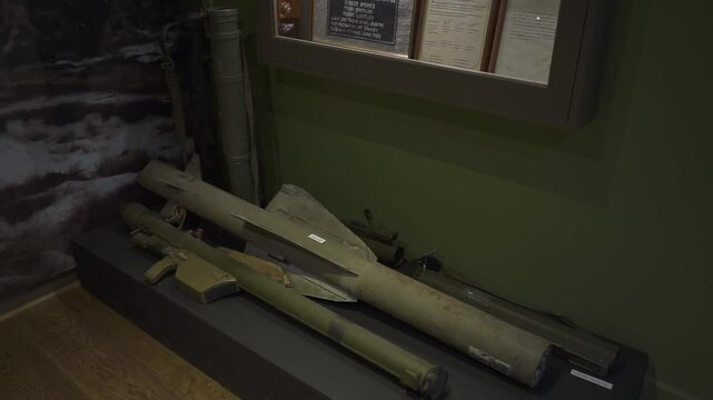 Soviet military museum displaying vintage strela-2 manpads, preserving cold war era air defense technology and historical military heritage