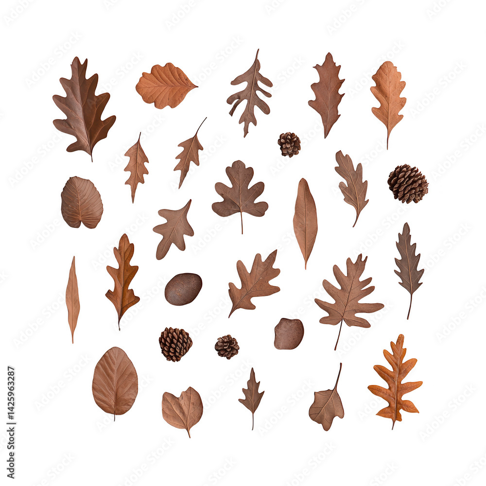 Poster collection of various dried autumn leaves and pine cones arranged in grid pattern on transparency ba