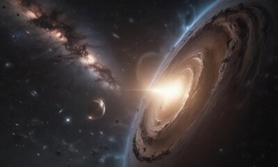 Obraz premium Distant galaxies shine faintly amidst an impenetrable cosmic dark, swirling dust and gas , background, gas clouds, deep space