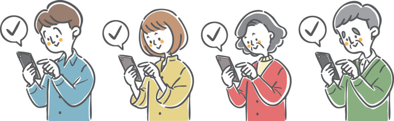 スマホを操作する二世代家族　上半身　ベクター