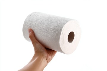 Fototapeta premium Hand holding a fresh roll of toilet paper to emphasize daily essentials for home hygiene