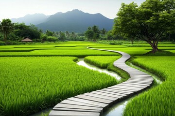 Fototapeta premium a 2D cartoon illustration of a rice field with green paddies, peaceful and rural, white background