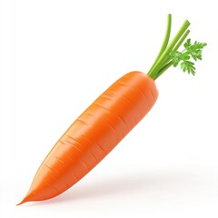 Vibrant orange carrot with fresh green leaves.