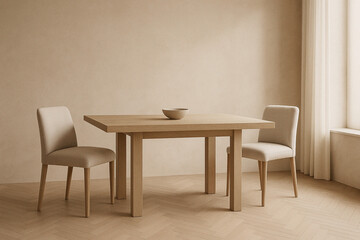 belgian minimal dining vignette with oak table and soft fabric chairs