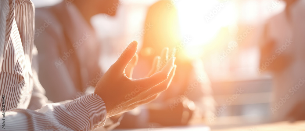 Poster person gestures during collaborative brainstorming session, illuminated by warm sunlight, creating i