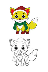 Cute Fox with Santa Hat and Scarf  Christmas Coloring Book Vector