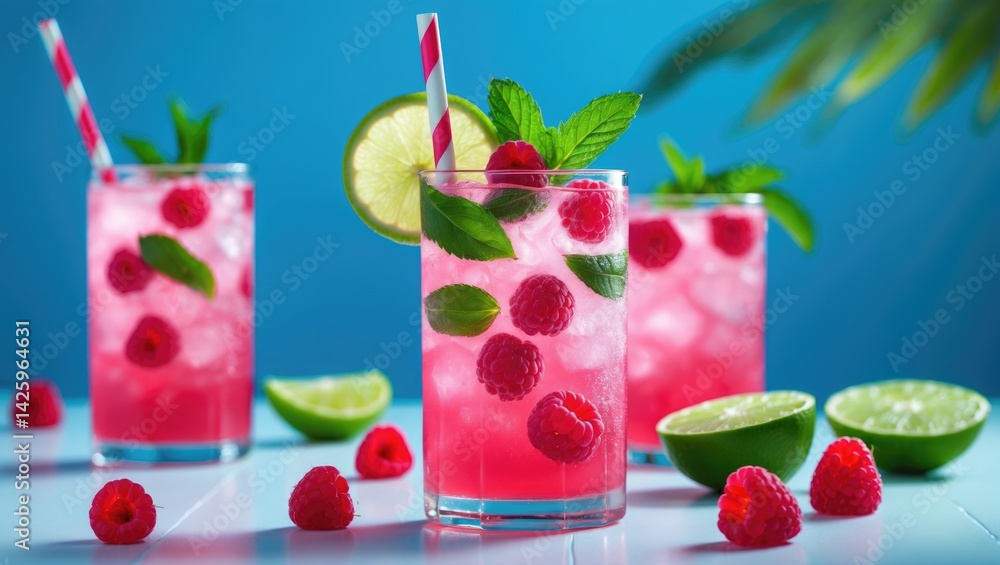 Poster chilled red raspberry and lime cocktail in a glass on colorful background for summer refreshment