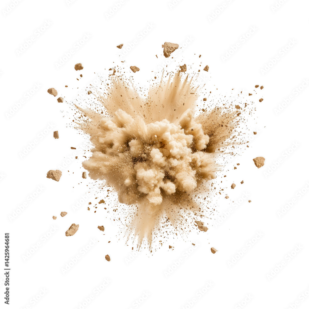 Poster dynamic explosion of beige powder bursts against transparency background, creating dramatic and ener