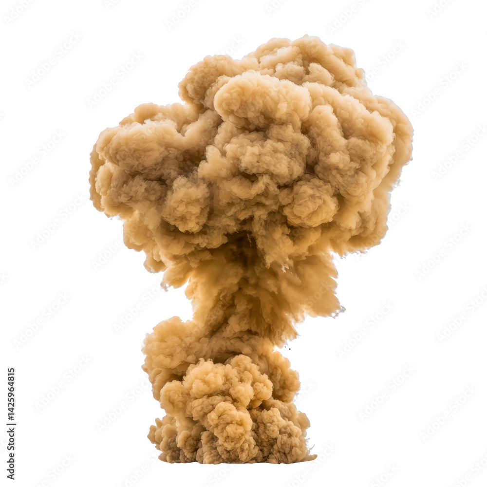 Poster large, dramatic explosion of brown smoke rises against transparency background, creating powerful an