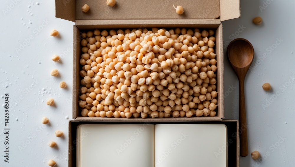 Poster dry chickpeas arranged in a box with a spoon, top-down view and empty area.