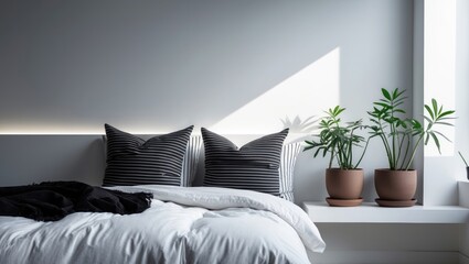 Decorative cushions, house plants, and a double bed setup