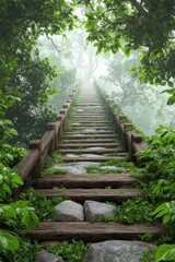 Exploring a fairy tale wooden bridge leading into a hidden forest village shrouded in mist
