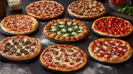 Fototapeta premium Flat lay of assorted pizzas on dark table