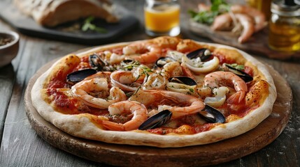 Traditional Italian Pizza with Seafood Topping on Wood Board