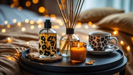 Home liquid perfume in glass bottle with bamboo sticks, accompanied by a burning candle and a cup of tea on a bedroom table, creating a cozy atmosphere
