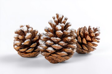 Fototapeta premium Decorative pine cones with snow effect on a white background for winter holiday decoration ideas