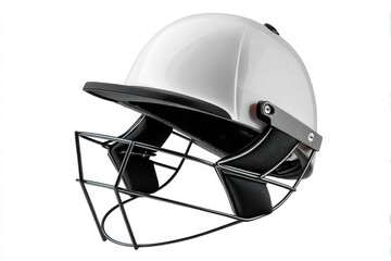 Fototapeta premium Close-up view of a cricket helmet with protective grille against a clean white background showcasing intricate details