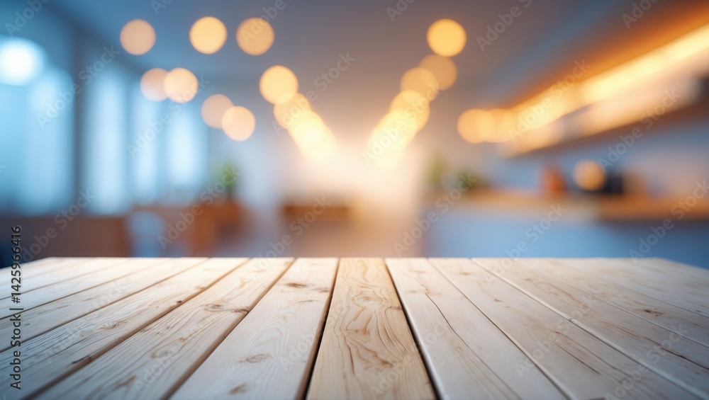 Poster white wooden tabletop with background and top perspective shelf, blurred abstract bokeh light behind