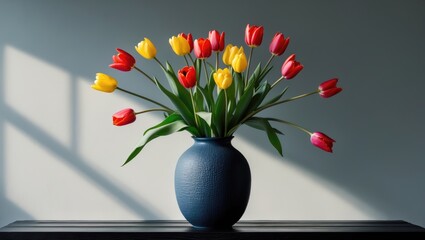 Vibrant spring yellow and pink tulips bouquet in blue vase on black wooden table with gray background, ideal for greeting banner mockup with copy space