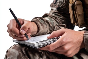 Fototapeta premium Soldier planning mission while writing in field notebook during operations