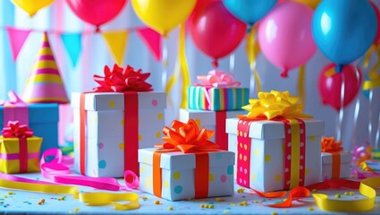 Vibrant birthday celebration table adorned with balloons, streamers, and presents with colorful ribbons and bows.