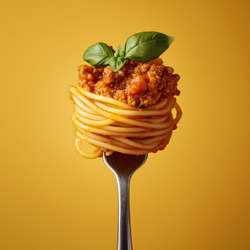 
generous fork of spaghettis wrapped around it with bolognese sauce on top, and a little basilic leaf on it, photographic style, editorial photography, natural lights, yellow background, side view