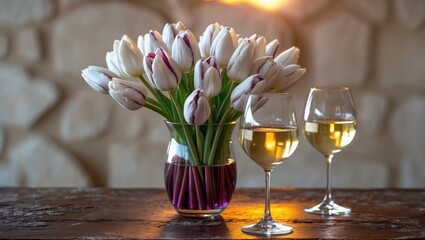 Colorful tulip bouquet with two wine glasses on a wooden table