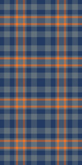 Seamless navy blue and orange plaid textile pattern.  Perfect for fashion, home decor, or website backgrounds.  Classic check design evokes warmth and tradition. Ideal for autumnal projects.