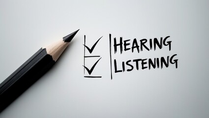 White paper with pencil and check box symbolizing deliberate listening rather than passive hearing, emphasizing attention and comprehension of words