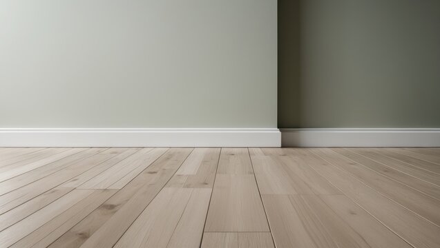 Modern interior design featuring white baseboards and wood-like tiles on a matte wall backdrop