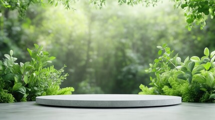 Fototapeta premium Empty round stone podium in a lush green forest setting. A blank, circular platform sits amidst vibrant foliage, bathed in soft natural light,