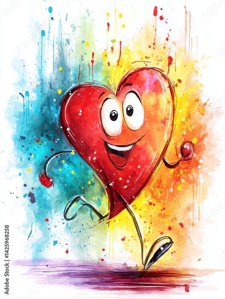 Poster joyful heart character runs through a vibrant mist of colors in a playful and uplifting environment