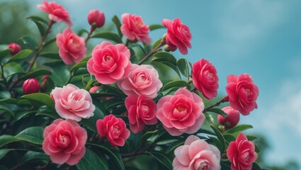 Fototapeta premium Vibrant red camellia blossoms amidst lush green foliage under a clear blue sky