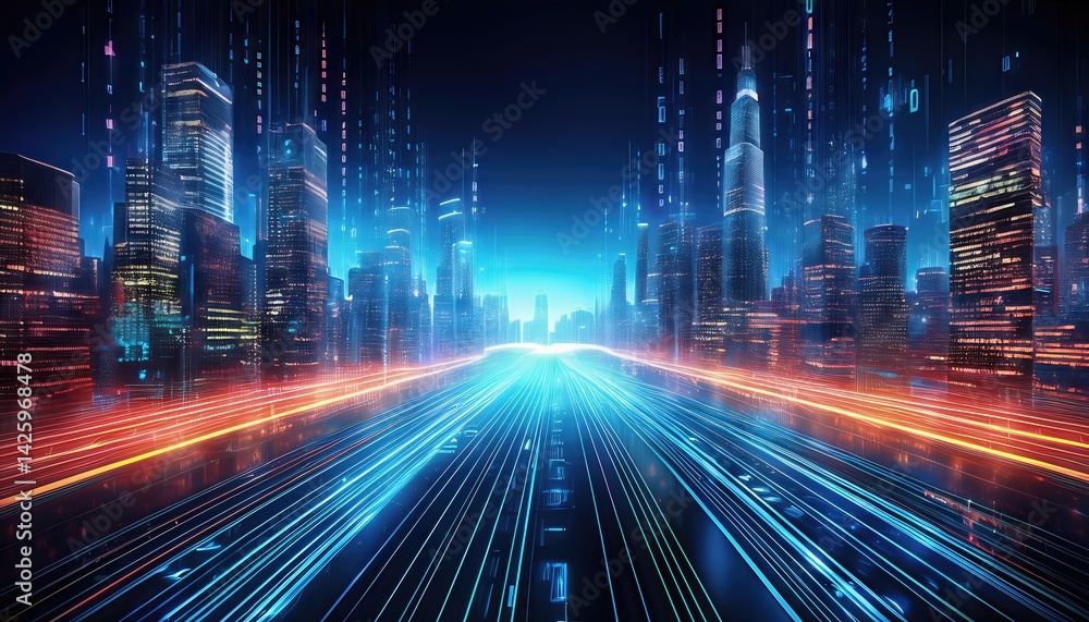 Poster hightech digital cityscape energized by binary code and mesmerizing light trails at twilight, showca
