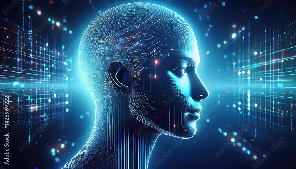 Poster hightech digital human head with binary code and glowing lights a vibrant exploration of the interse