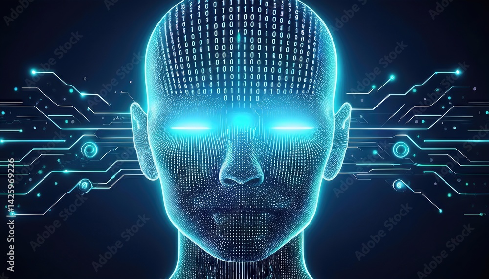 Poster hightech futuristic portrait showcasing a human head intricately infused with binary codes and glowi