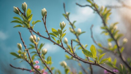 In spring, nature's growth blossoms with tree branches covered in new buds and blooming flowers.